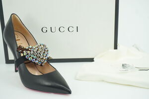 Gucci Black Leather Virginia 95 Crystal Heart Pump Size 38 NIB $1280 Pointy